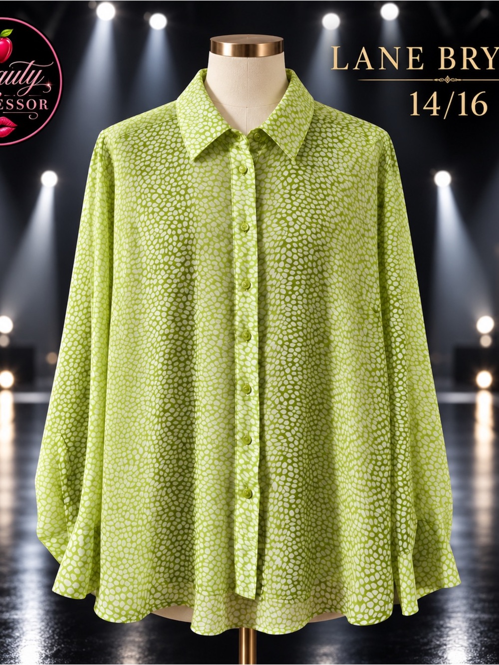 Lane Bryant 14/16 Lime Green White Abstract Print Button Down Blouse